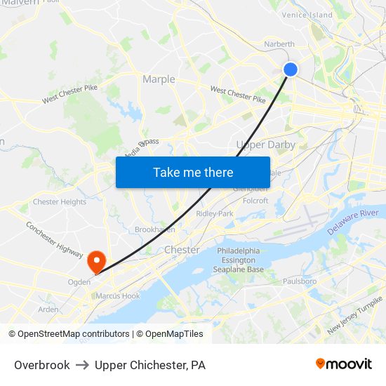 Overbrook to Upper Chichester, PA map