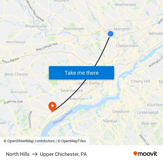 North Hills to Upper Chichester, PA map
