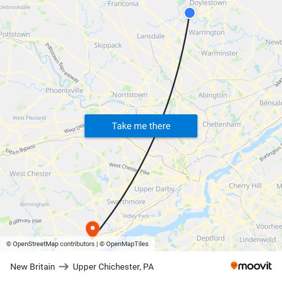 New Britain to Upper Chichester, PA map