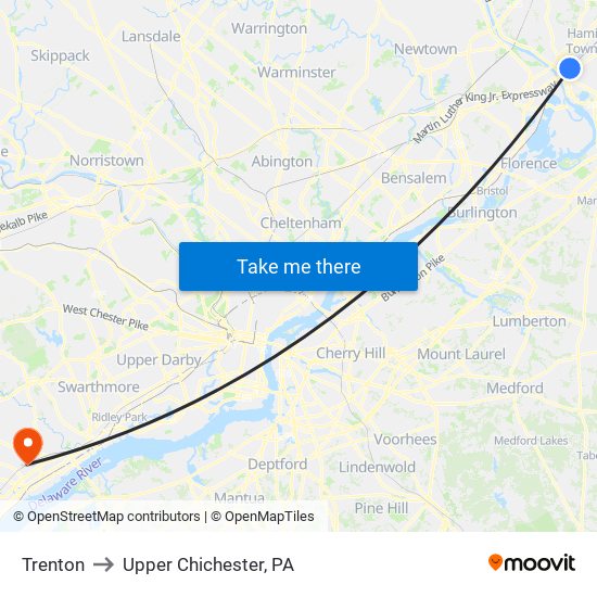 Trenton to Upper Chichester, PA map