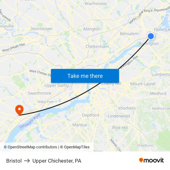 Bristol to Upper Chichester, PA map