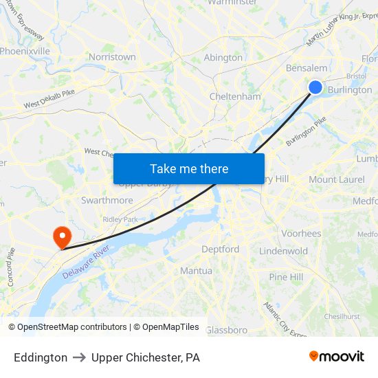 Eddington to Upper Chichester, PA map