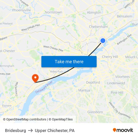 Bridesburg to Upper Chichester, PA map