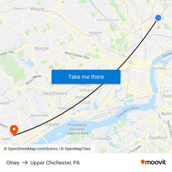 Olney to Upper Chichester, PA map
