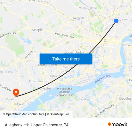 Allegheny to Upper Chichester, PA map