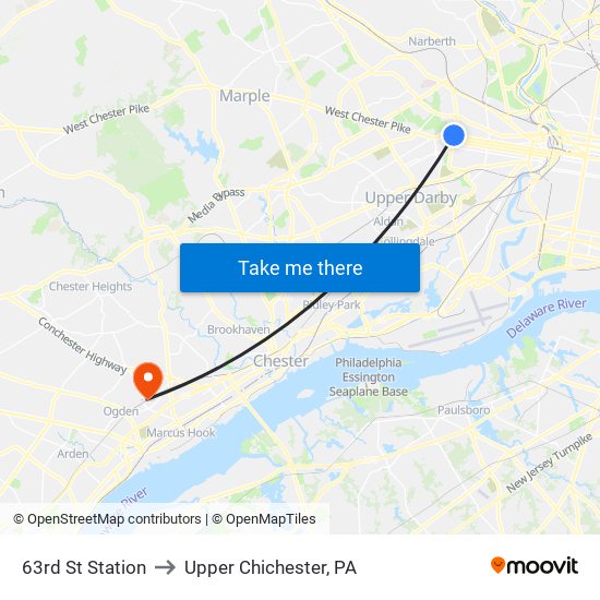 63rd St Station to Upper Chichester, PA map