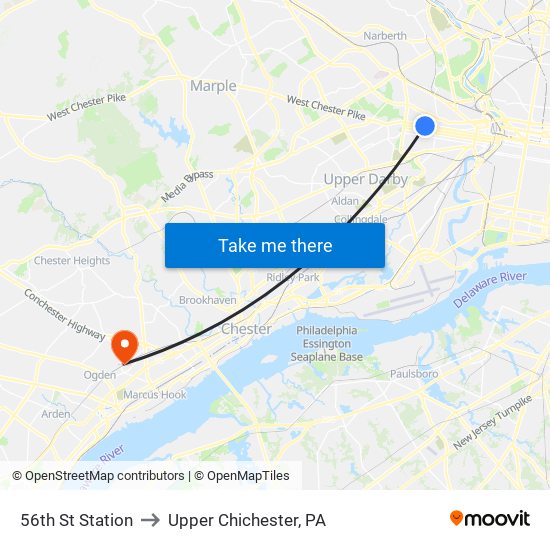 56th St Station to Upper Chichester, PA map