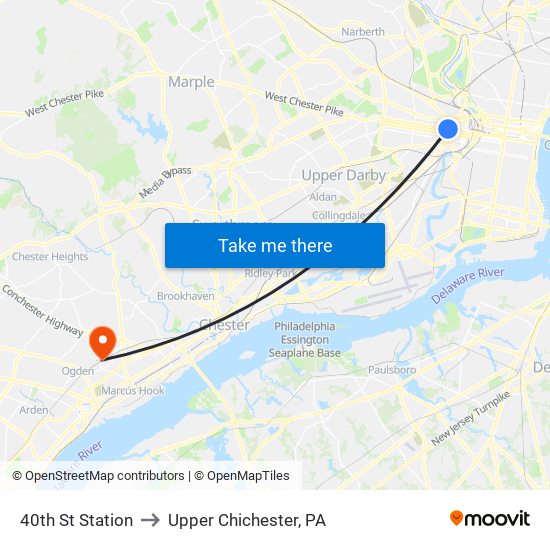 40th St Station to Upper Chichester, PA map