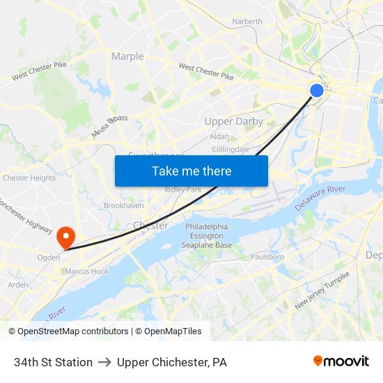 34th St Station to Upper Chichester, PA map