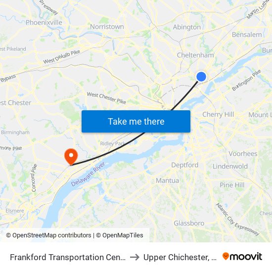 Frankford Transportation Center to Upper Chichester, PA map