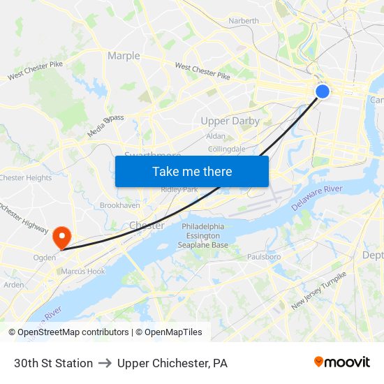 30th St Station to Upper Chichester, PA map