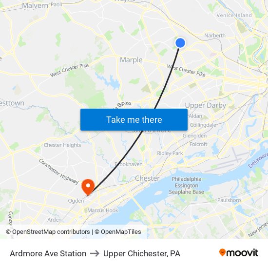 Ardmore Ave Station to Upper Chichester, PA map