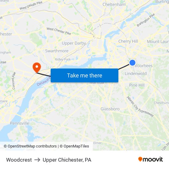 Woodcrest to Upper Chichester, PA map