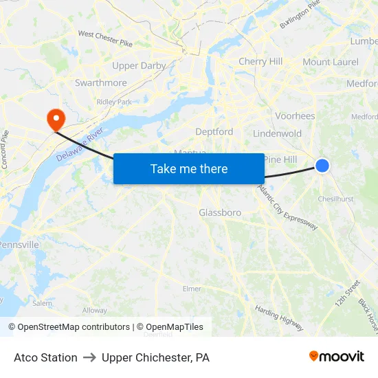 Atco Station to Upper Chichester, PA map