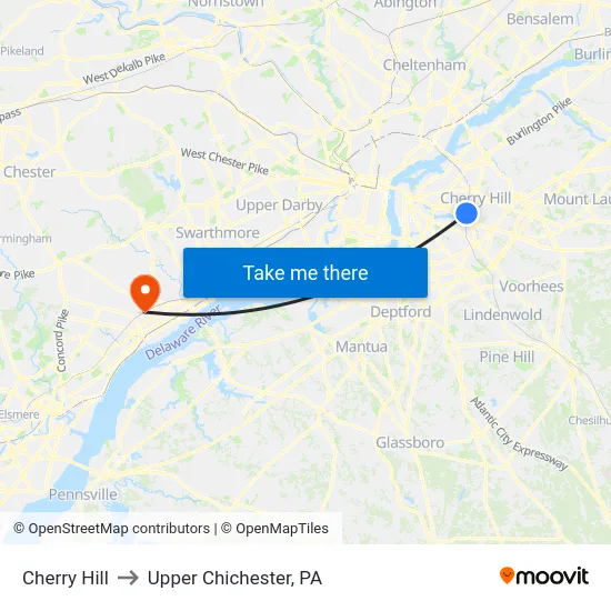 Cherry Hill to Upper Chichester, PA map