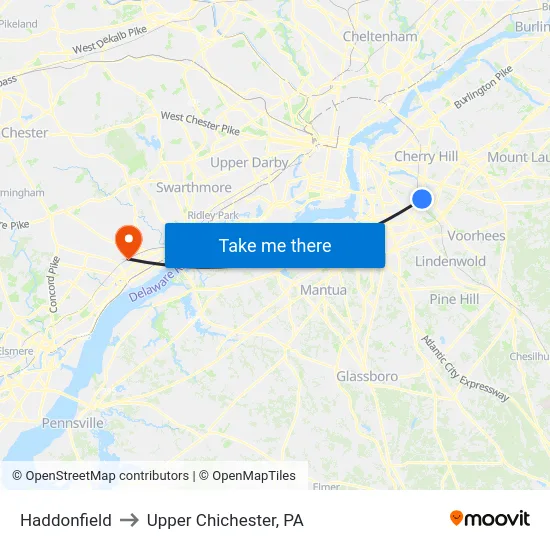 Haddonfield to Upper Chichester, PA map