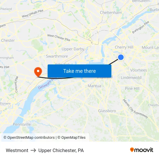 Westmont to Upper Chichester, PA map