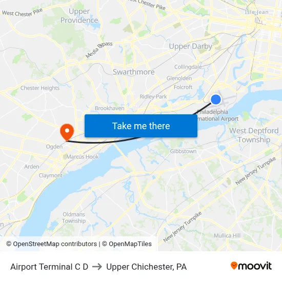 Airport Terminal C D to Upper Chichester, PA map