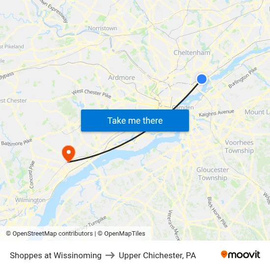 Shoppes at Wissinoming to Upper Chichester, PA map