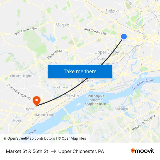 Market St & 56th St to Upper Chichester, PA map
