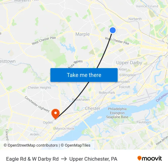 Eagle Rd & W Darby Rd to Upper Chichester, PA map
