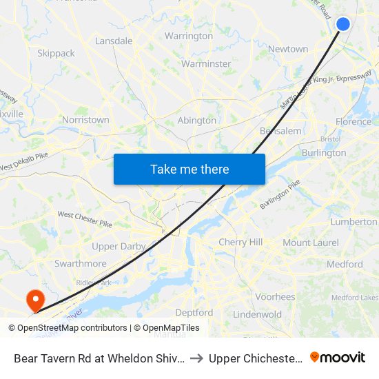 Bear Tavern Rd at Wheldon Shivers Dr to Upper Chichester, PA map