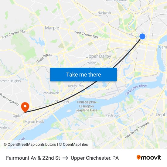 Fairmount Av & 22nd St to Upper Chichester, PA map