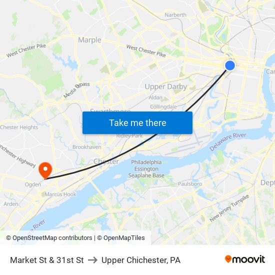 Market St & 31st St to Upper Chichester, PA map