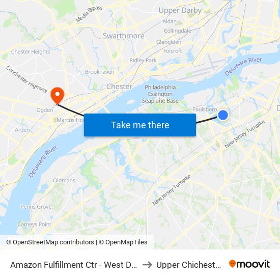Amazon Fulfillment Ctr - West Deptford to Upper Chichester, PA map