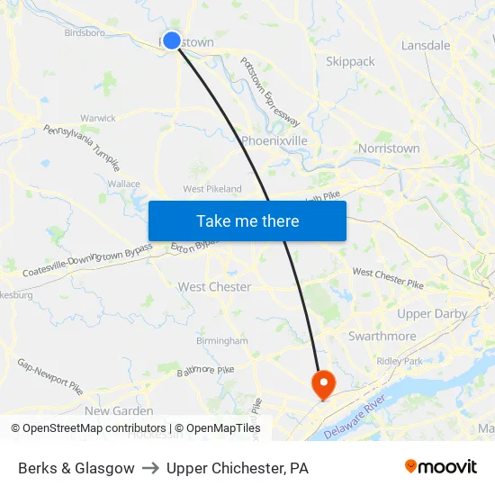 Berks & Glasgow to Upper Chichester, PA map