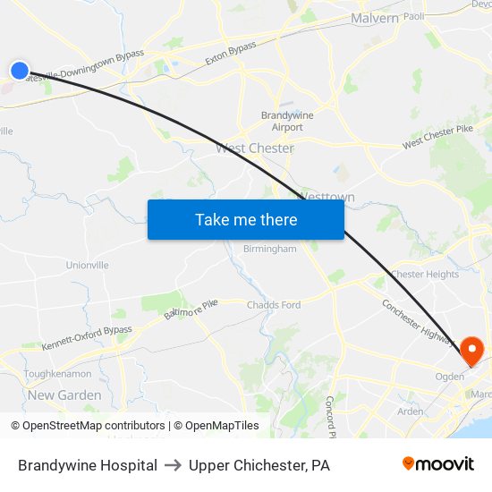Brandywine Hospital to Upper Chichester, PA map