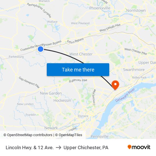 Lincoln Hwy. & 12 Ave. to Upper Chichester, PA map
