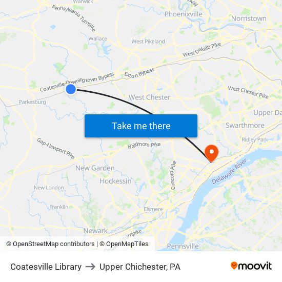 Coatesville Library to Upper Chichester, PA map