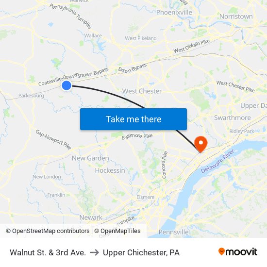 Walnut St. & 3rd Ave. to Upper Chichester, PA map