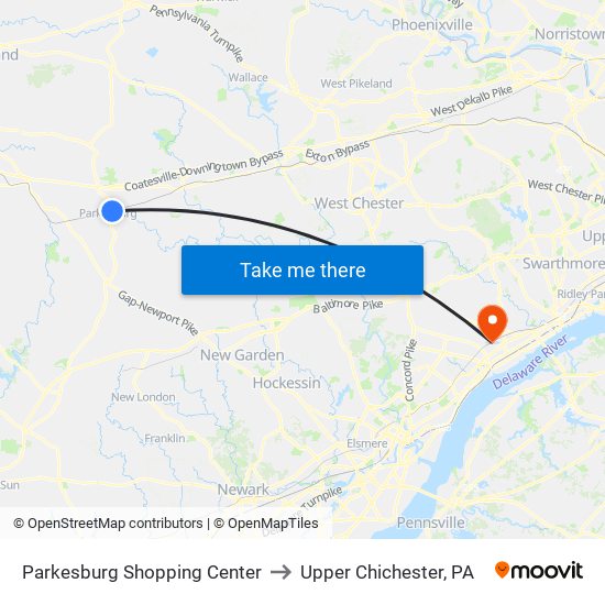 Parkesburg Shopping Center to Upper Chichester, PA map