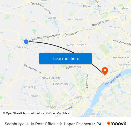 Sadsburyville  Us Post Office to Upper Chichester, PA map