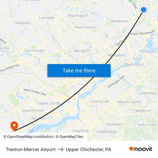 Trenton-Mercer Airport to Upper Chichester, PA map