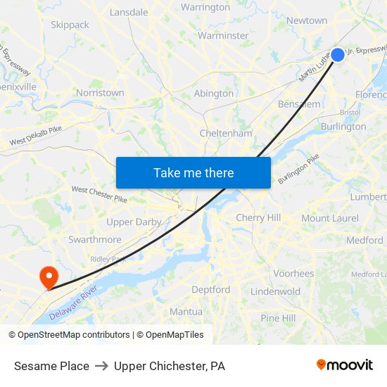 Sesame Place to Upper Chichester, PA map