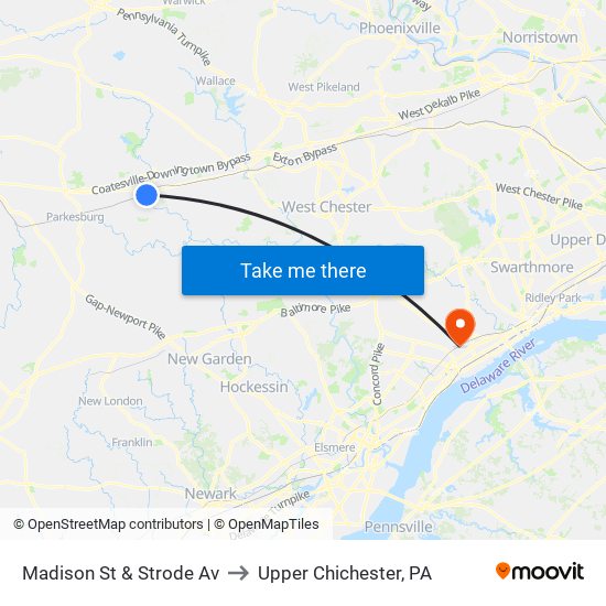 Madison St & Strode Av to Upper Chichester, PA map