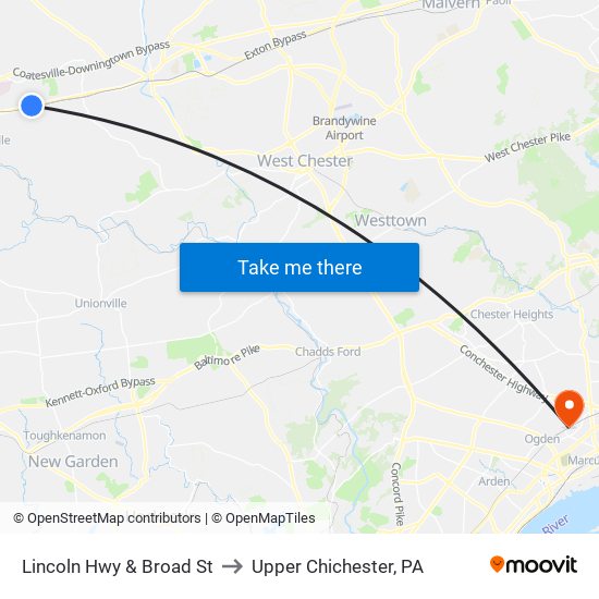 Lincoln Hwy & Broad St to Upper Chichester, PA map