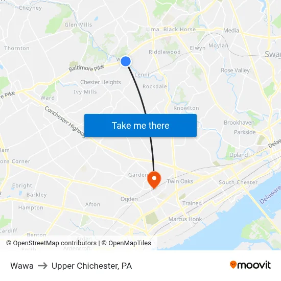 Wawa to Upper Chichester, PA map