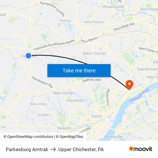 Parkesburg Amtrak to Upper Chichester, PA map