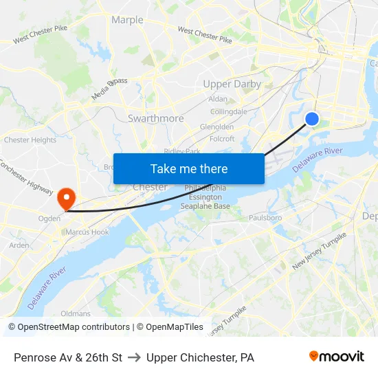Penrose Av & 26th St to Upper Chichester, PA map