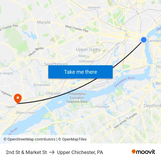 2nd St & Market St to Upper Chichester, PA map