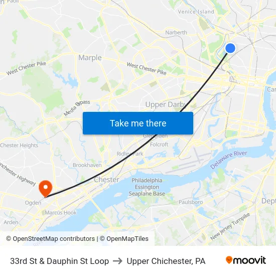 33rd St & Dauphin St Loop to Upper Chichester, PA map
