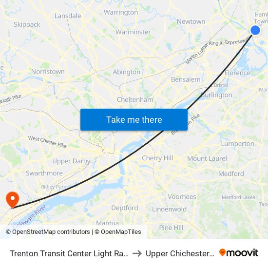 Trenton Transit Center Light Rail Sta to Upper Chichester, PA map