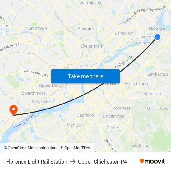 Florence Light Rail Station to Upper Chichester, PA map