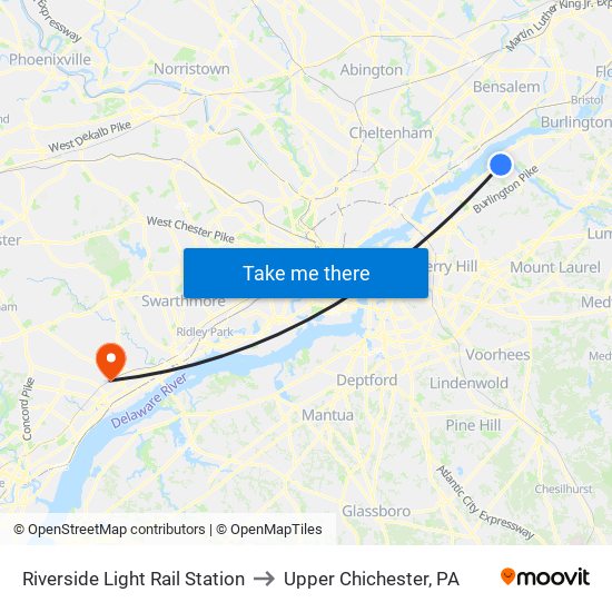 Riverside Light Rail Station to Upper Chichester, PA map