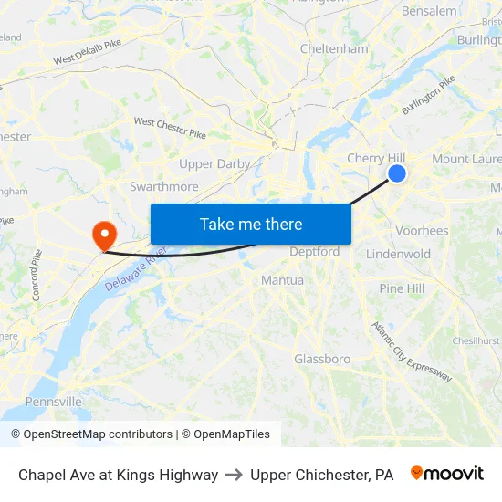 Chapel Ave at Kings Highway to Upper Chichester, PA map