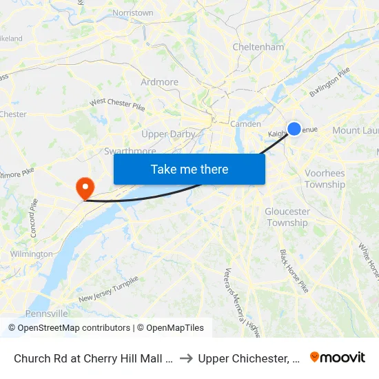 Church Rd at Cherry Hill Mall Dr to Upper Chichester, PA map